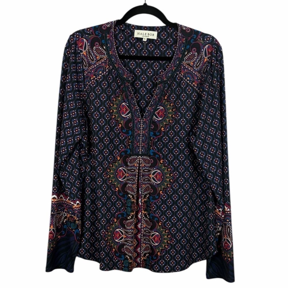 Hale Bob Paisley Print Beaded V-Neck Blouse XL Boho Chic Top